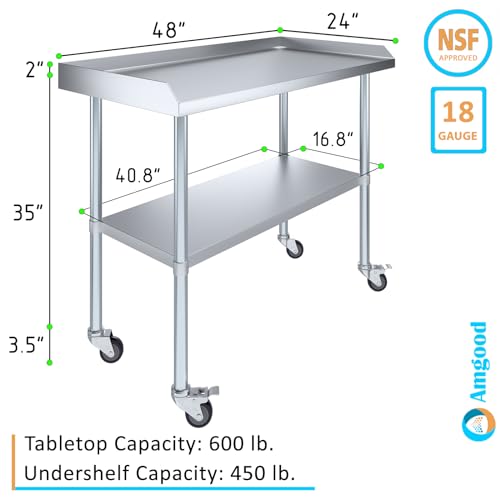 AmGood Commercial Work Table with Backsplash and Sidesplashes with Casters | NSF (Stainless Steel Table with Sideguards + casters, 24