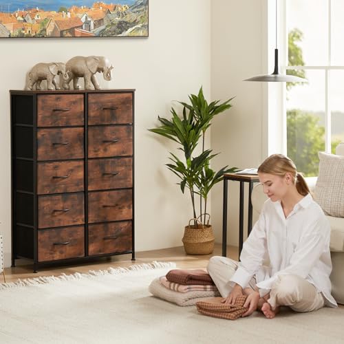 Sweetcrispy Dresser, Tall Dresser for Bedroom, Drawer Dresser Organizer Storage Drawers with 10 Drawers, Chest of Drawers with Fabric Bin, Steel Frame, Wood Top for Bedroom, Closet, Entryway