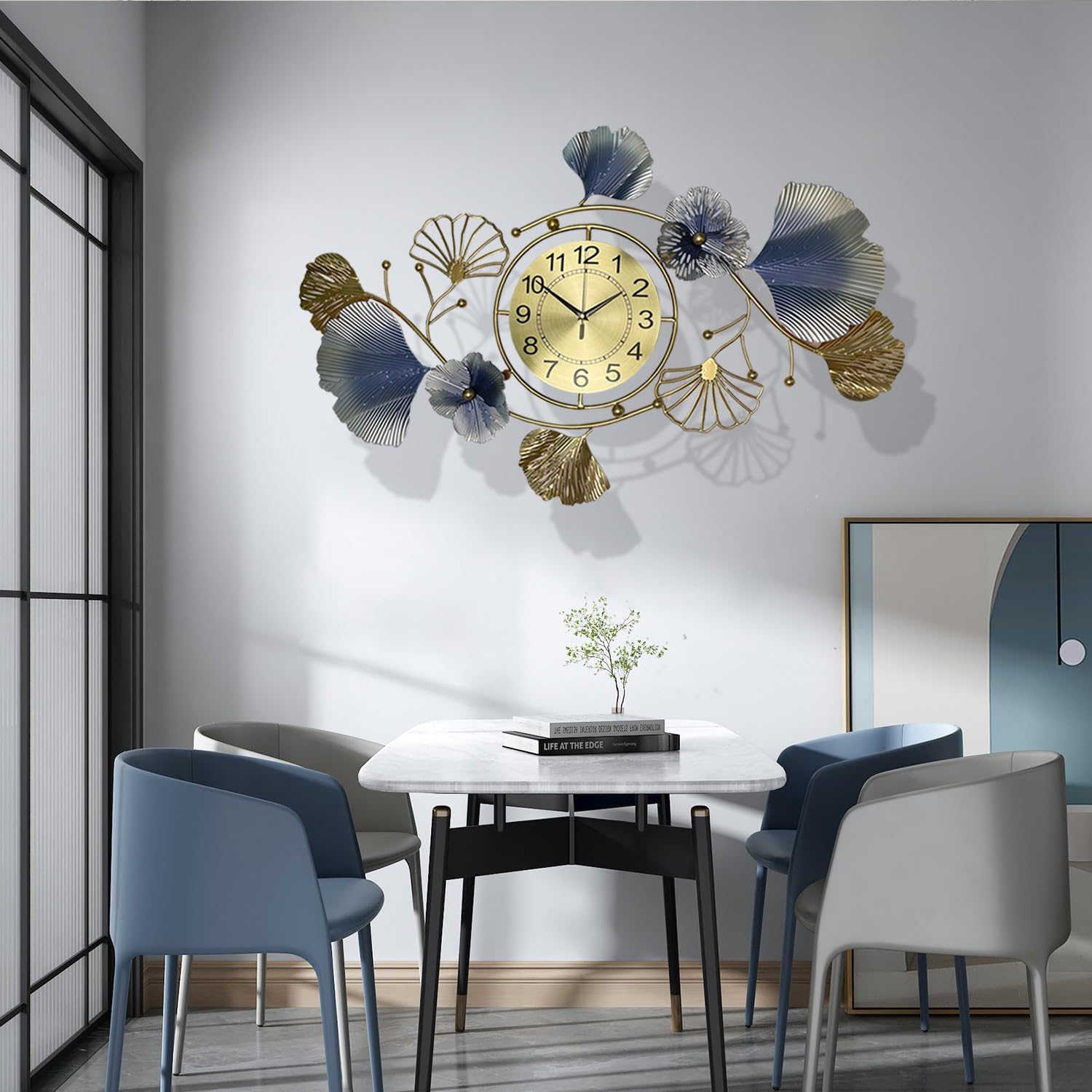 Large Wall Clock Creative Metal Ginkgo Leaf Design Silent Non Ticking 37 Inch Decoration Clocks for Living Room Bedroom Home