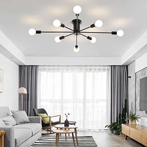 Garwarm 8-Light Sputnik Chandelier Black Industrial Semi Flush Mount Ceiling Light Fixture Mid Century Modern Pendant Light for Kitchen Farmhouse Living Room