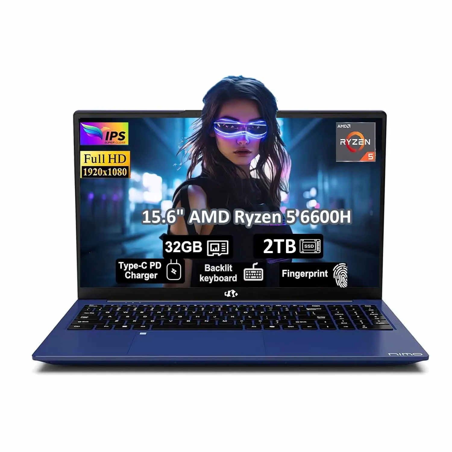 15.6" IPS FHD Laptop, AMD Ryzen 5 6600H 6-Cores 660M GPU 32GB DDR5 RAM 2TB SSD(Beat i7-1165G7, Up to 4.5GHz) Fingerprint Backlit Keyboard Computer with 100W GaN Type C