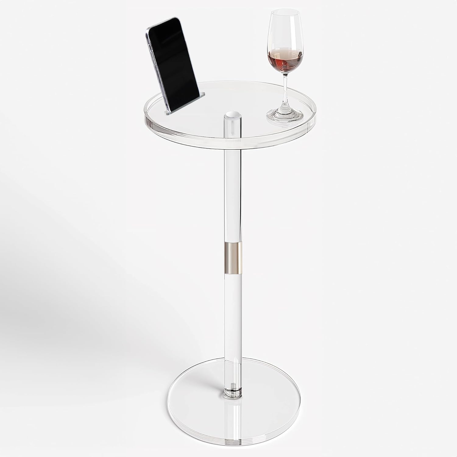 Acrylic Drink Table – Small Pedestal Side Table with Phone Holder, Round End Table 2024 Upgraded for Small Spaces, Modern Martini & Cocktail Table for Living Room, Sturdy & Easy Assembly, Clear