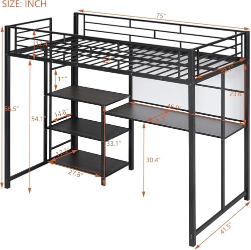 Metal Loft Bed Frame, Heavy Duty Twin Loft Bed with Ladder, Space-Saver Multifunctional Loft Bed Twin, Loft Bed with Safety Guard Rails Compatible with Girls Boys (Twin,Black),bed frame