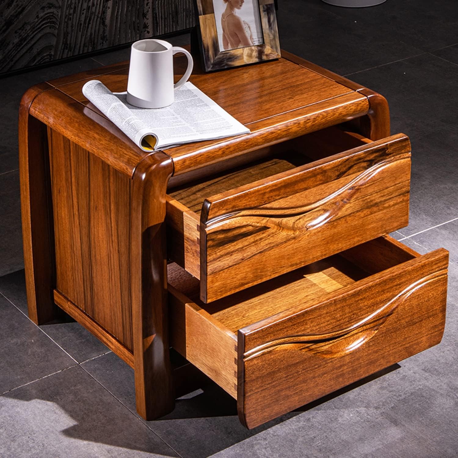 Nightstand with 2 Drawer, Solid Wood Bedside Table Storage Cabinet, Light Luxury Wooden Night Stands for Living Room Bedroom Furniture