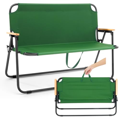 2 Pcs Folding Double Lawn and Camping Chair 2 Person Lightweight Weatherproof Chair Table Cot Bench for Backyard Patio or Campsite with Carry Bags Handles (Black)