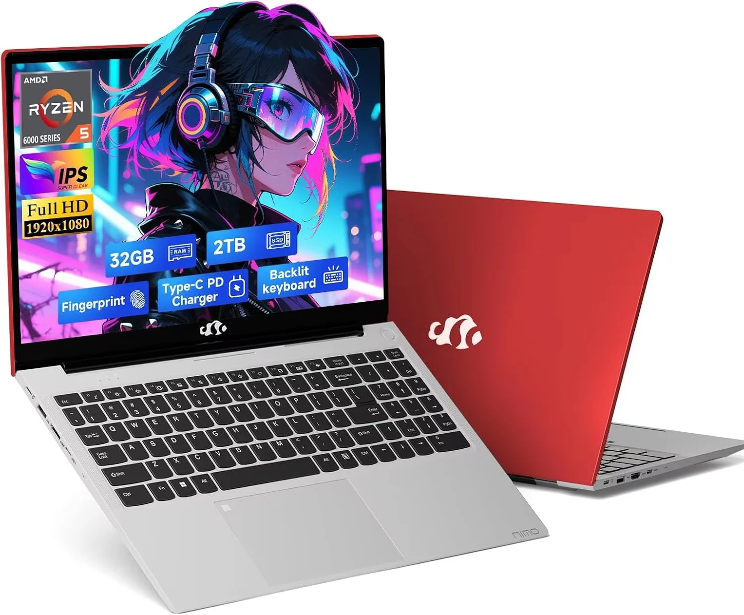 15.6" FHD Business-Gaming-Laptop 6-Cores AMD Ryzen 5 6600H(Up to 4.5 GHz) 660M GPU 32GB DDR5 2TB SSD Laptop-Computer with 100W Type-C Backlit Keyboard Fingerprint-Red