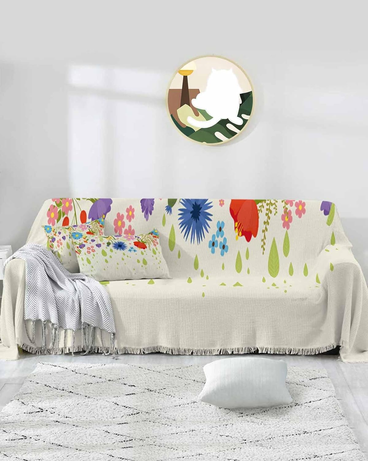 Abstract Floral Cover Couch Covers for 3-4 Cushion Couch Throw Couch Cover with Tassel Soft Slipcover Blue Red Purple Flowers Leaves Light Beige Couch Furniture Protector for Dog Pet 71