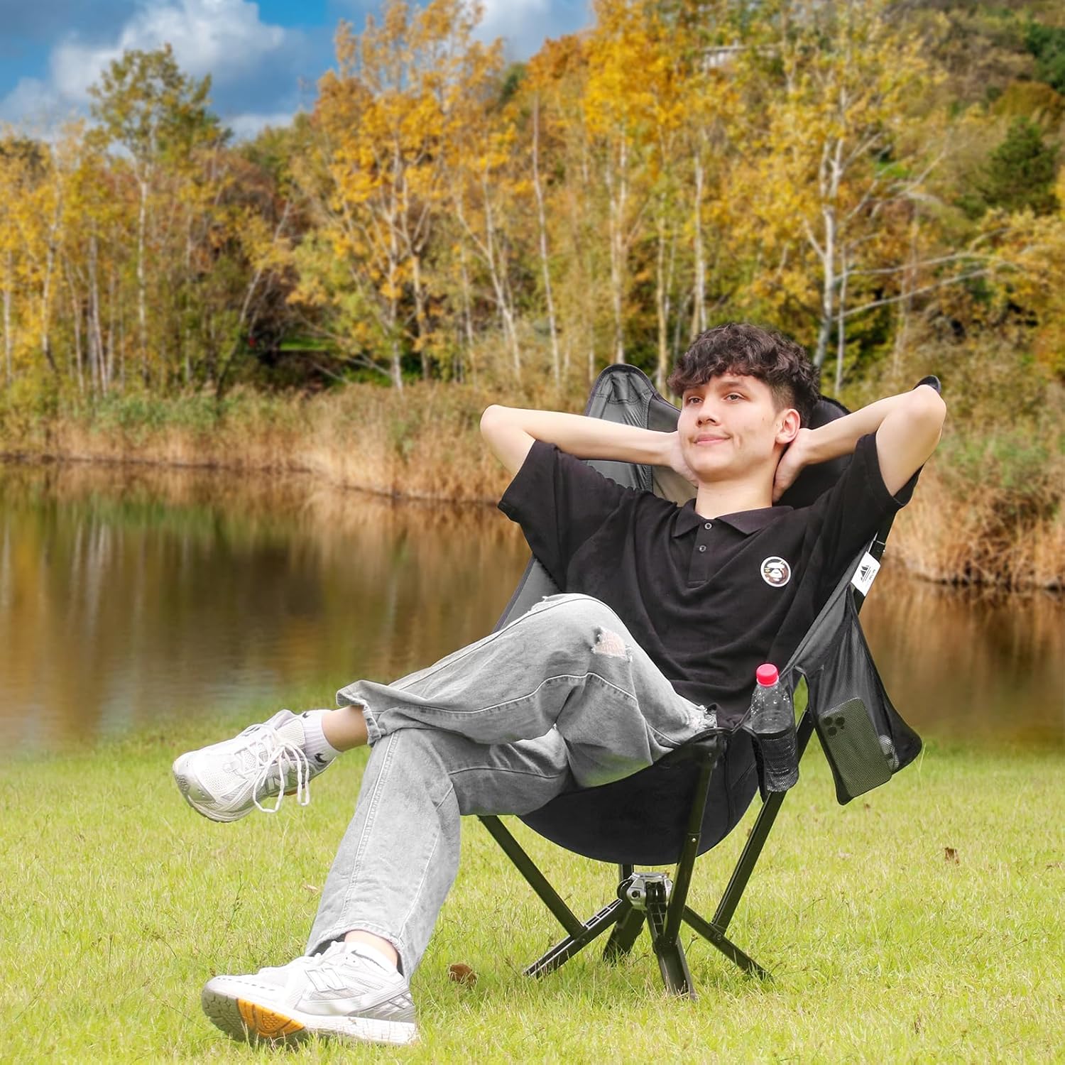 Oversized Tall Portable Camping Chair for Adults, Heavy Duty Support up to 600 lbs, Easy Setup, Thickened Aluminum Frame and Rubber Feet, High Back Folding Came Beach Chair for Outside - Black