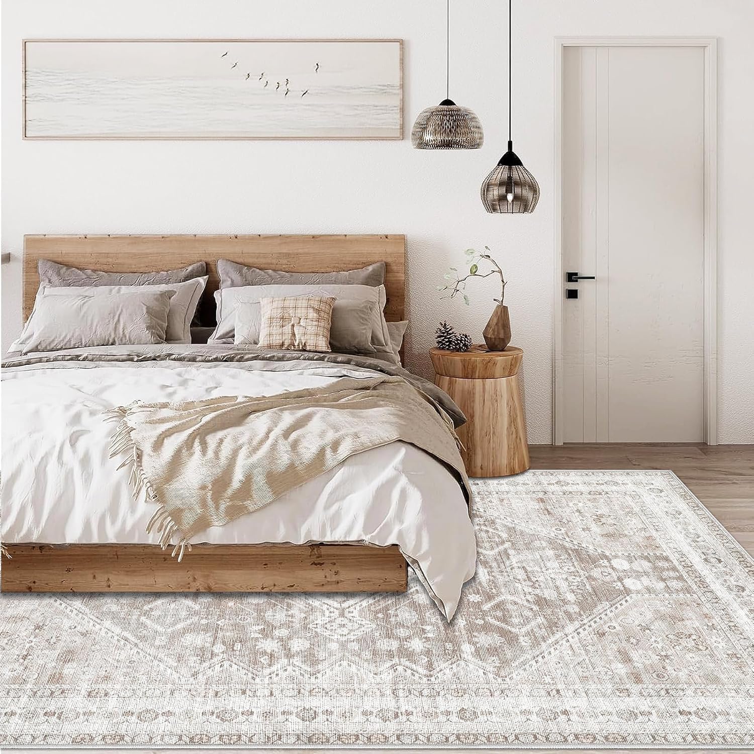 Area Rug Vintage 9x12 Living Room Rug: Large Washable Chenille Print Rug, Traditional Medallion Rug, Non Slip Boho Carpet for Bedroom Dining Table Kitchen Home Office(Beige, 9'x12')