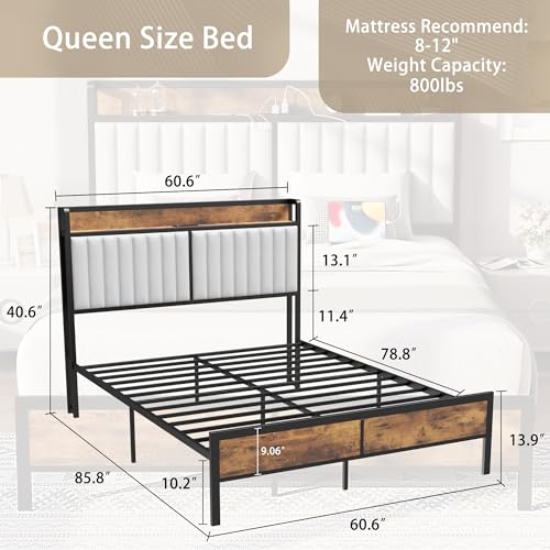 Queen Bed Frame with Headboard Upholstered,Metal Platform with Under-Bed Storage,Built-in Charging Station & LED, Noise-Free, Metal Support, No Box Spring Needed, Vintage Brown&White