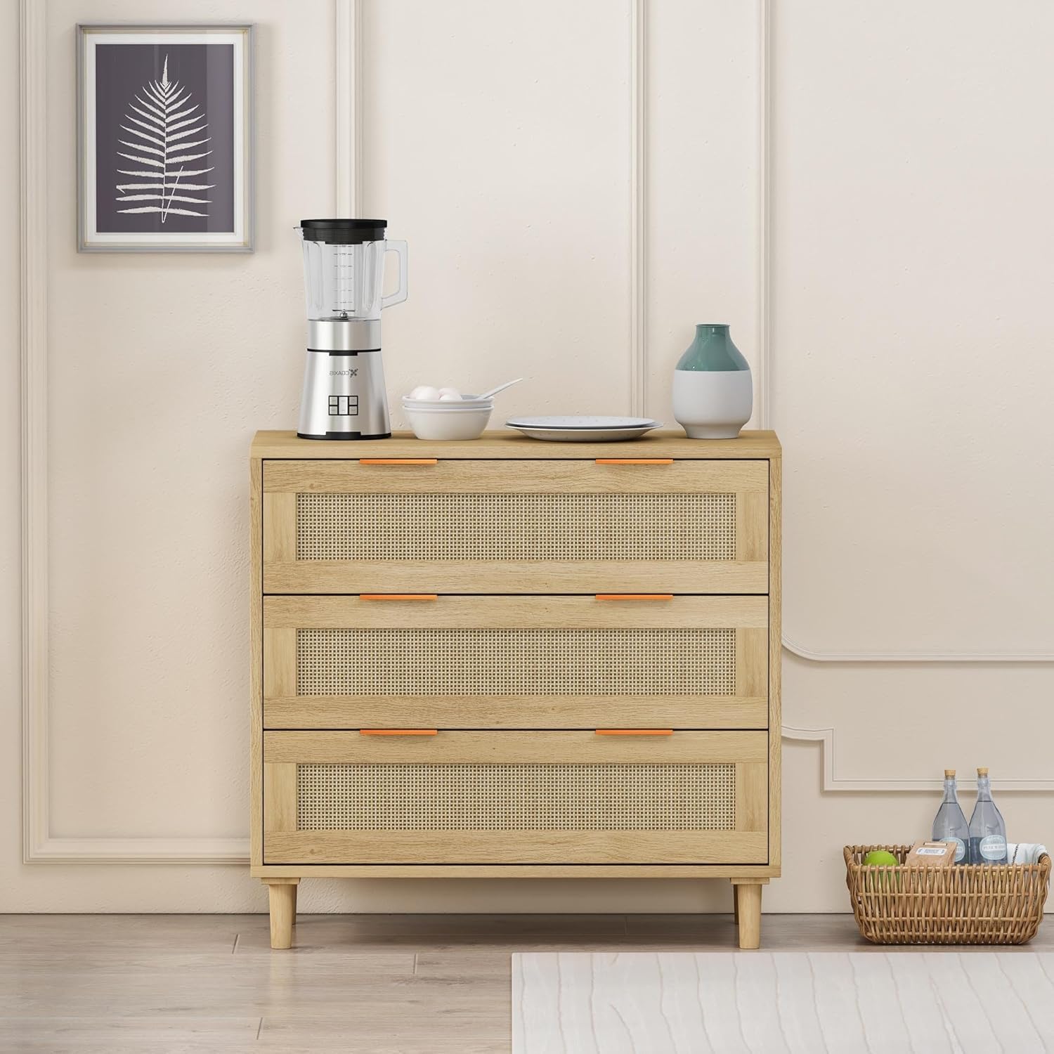 Storage Cabinet with 3 Rattan Drawers Natural Modern Contemporary MDF Oak Finish
