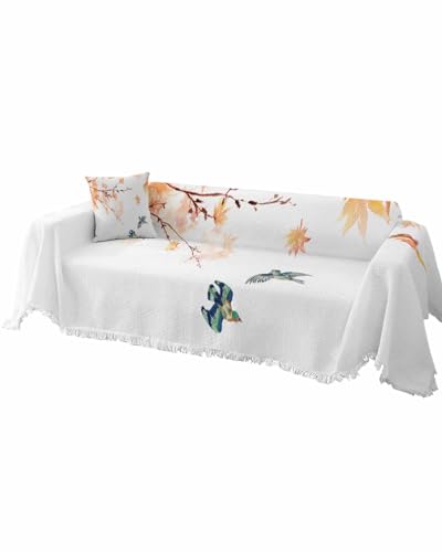 Fall Maple Leaf Cover Couch Covers for 3-4 Cushion Couch Throw Couch Cover with Tassel Soft Slipcover Watercolor Botanical Branch Birds on Burlap Beige Couch Furniture Protector for Dog Pet 71