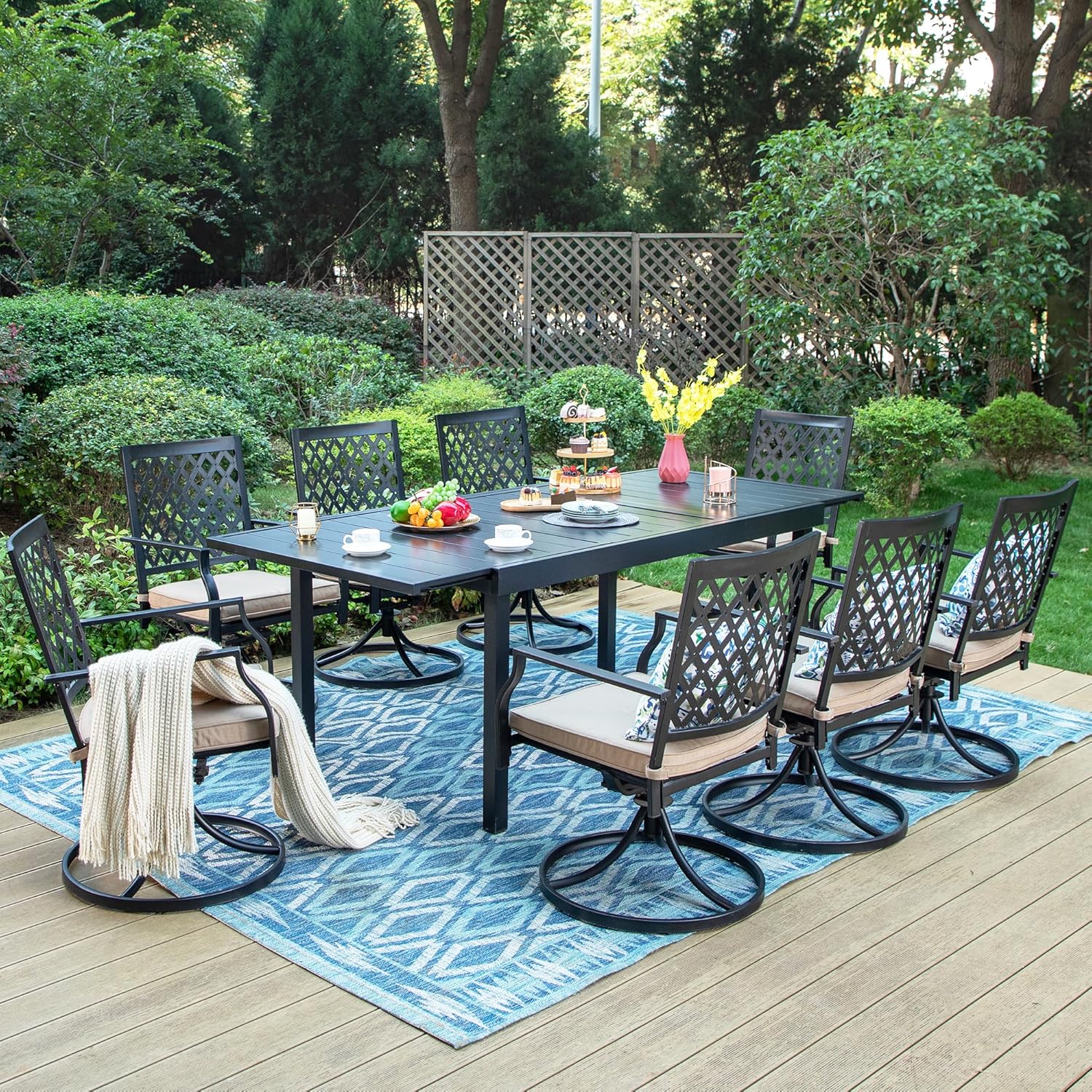 PHI VILLA 9 Pieces Outdoor Dining Set, Expandable Metal Table (64