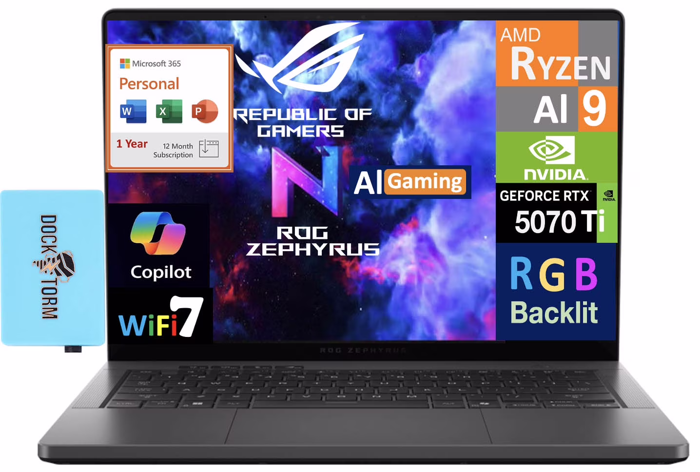 ASUS ROG Zephyrus G14 AI Gaming Laptop 14.0in 120Hz 2.8K Display (AMD Ryzen AI 9 HX 370, GeForce RTX™ 5070 Ti 12GB, 32GB LPDDR5X, Win 11 Pro) w/Microsoft 365 Personal , DKZ USB Port Expander