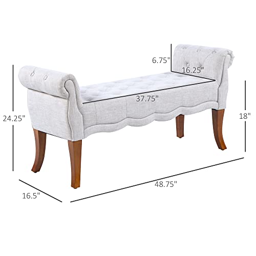 HOMCOM Traditional Style End of Bed Bench, Upholstered Entryway Bench with Button Tufted and Rounded Arm, Light Gray