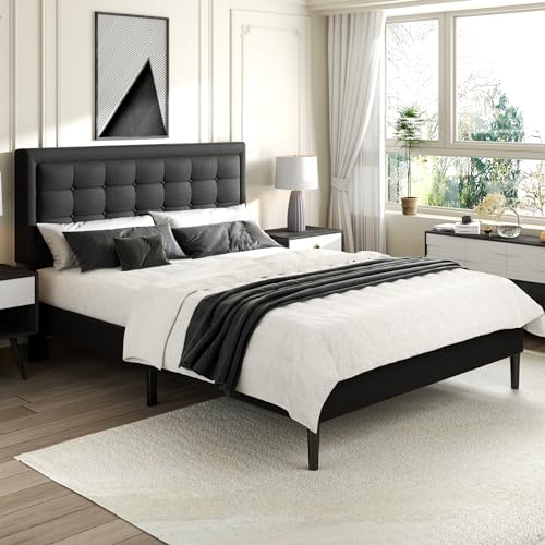 Queen Size Platform Bed Frame with Upholstered Headboard, Button Tufted Design, No Box Spring Needed, Wooden Slat Support, Easy Assembly, Dark Gray