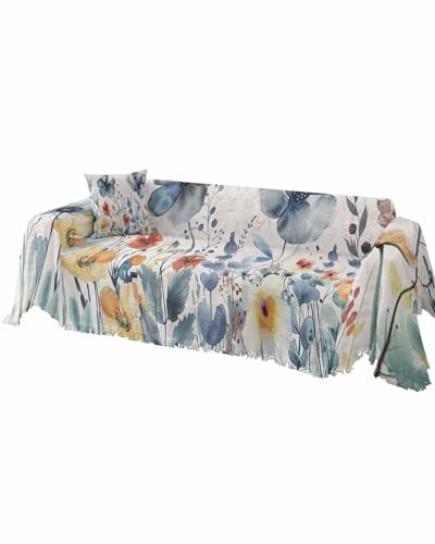 Floral Blue Sofa Cover Couch Covers for 3 Cushion Couch Throw Couch Cover with Tassel Soft Sofa Slipcover Spring Watercolor Flower Plants on Burlap Couch Furniture Protector for Dog Pet 71