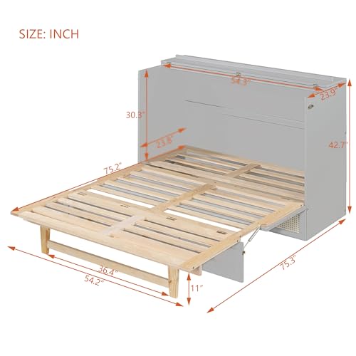 Queen Size Murphy Bed, Murphy Cabinet Bed with Large Drawer, Can Be Foldable, Space Saving, Wooden Low Bedframe for Bedroom, Apartment (Gray, Queen)