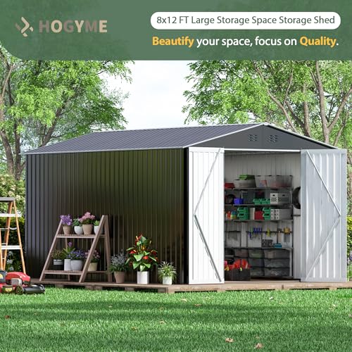 8x12 FT Outdoor Storage Shed, Large Metal Tool Sheds with Updated Frame Structure and Lockable Doors, Garden Shed for Backyard Garden Patio Lawn Grey