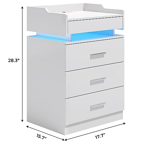 LED Nightstand with Charging Station,Night Stand with Pull-out Shelf,Bedside Table with Drawers,Modern End Table Side Table Storage Cabniet,White