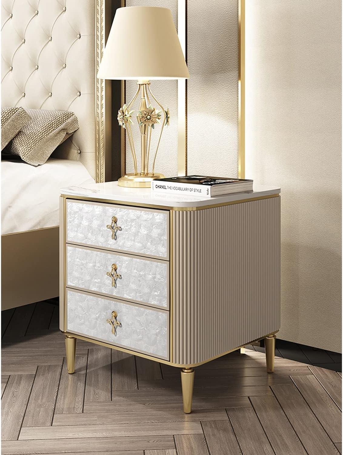 Light Luxury Nightstand, Bedside Table with 3 Drawer, Natural Shell Decorative Storage Cabinet, Bedroom Furniture, Side Table with Gold Metal Frame