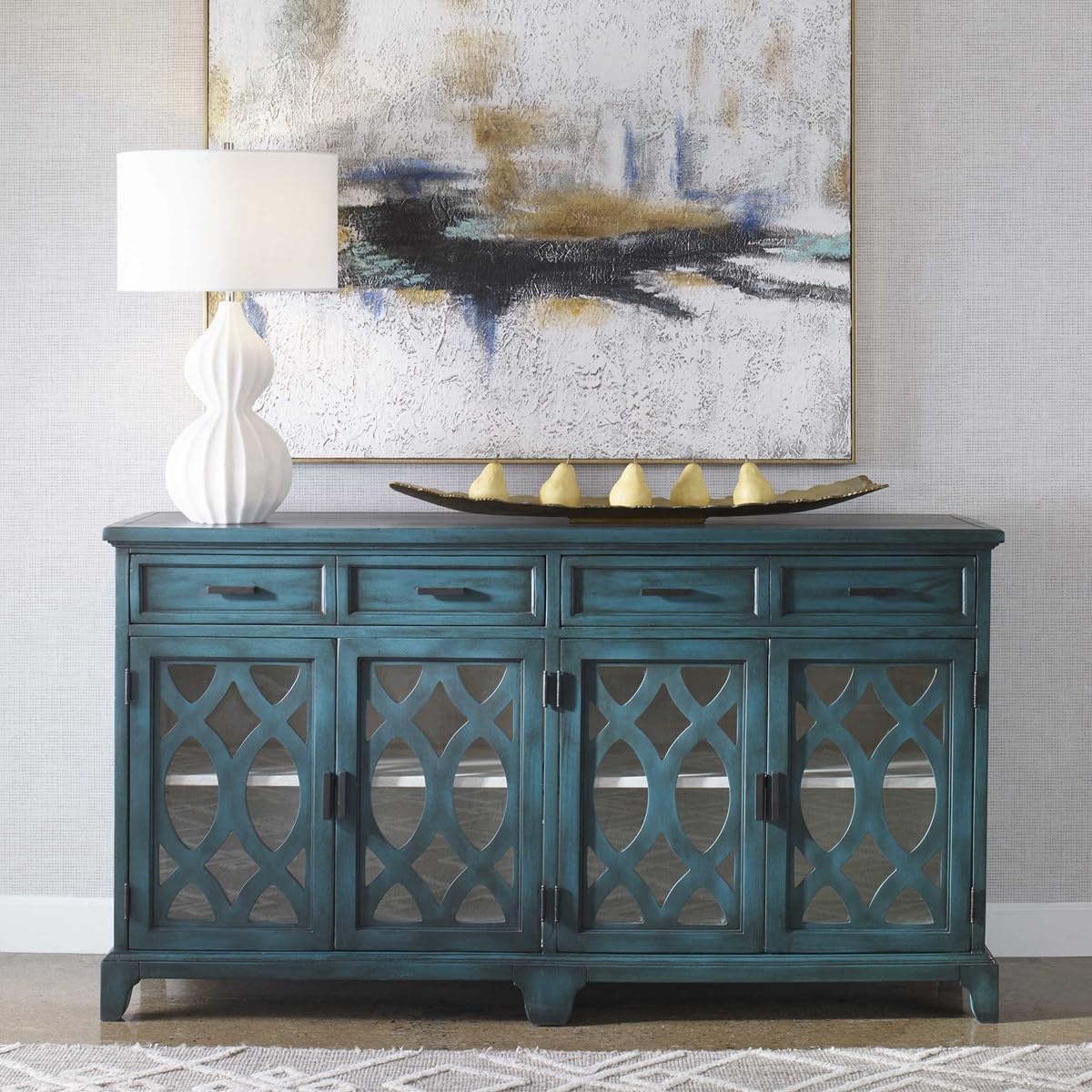 MY SWANKY HOME Rustic Cottage Blue Green Lattice Media Console Cabinet Vintage Style Wood Living Room Den 63 W X 35 H X 18 D (in)