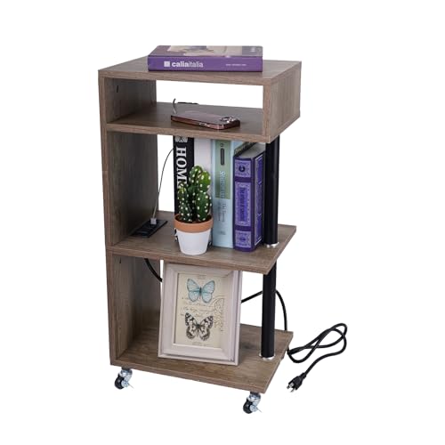 Coffee Table with Wheels 4-Tier Narrow-Sided Table with Charging Station and USB Port, Flexible Space Rolling Slim Bedside Table, Living Room, Bedroom, Black (Apricot)