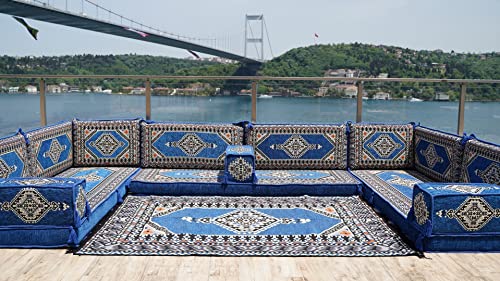 U Shaped Royal Blue Arabic Floor Sofa Set, Floor Cushions, Balcony Patio Sofas, Terrace Sofa, Ethnic Sofa, Moroccan Sofas, Sectional Sofas, Hookah Sofas (U Sofa + Rug)
