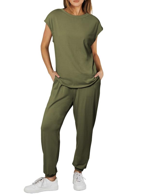 SHEWIN Womens Two Piece Lounge Sets Casual Short Sleeve Pullover Tops Matching Elastic Waist Pants Tracksuit Set