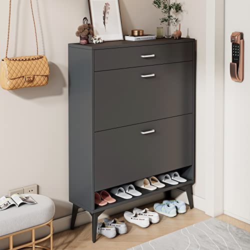 CIATRE Space-Saving Shoe Storage Cabinet with Two Flip Drawers and Steel Legs - Stylish and Multifunctional Shoe Organizer for Entryway, Bedroom, and Hallway (White)