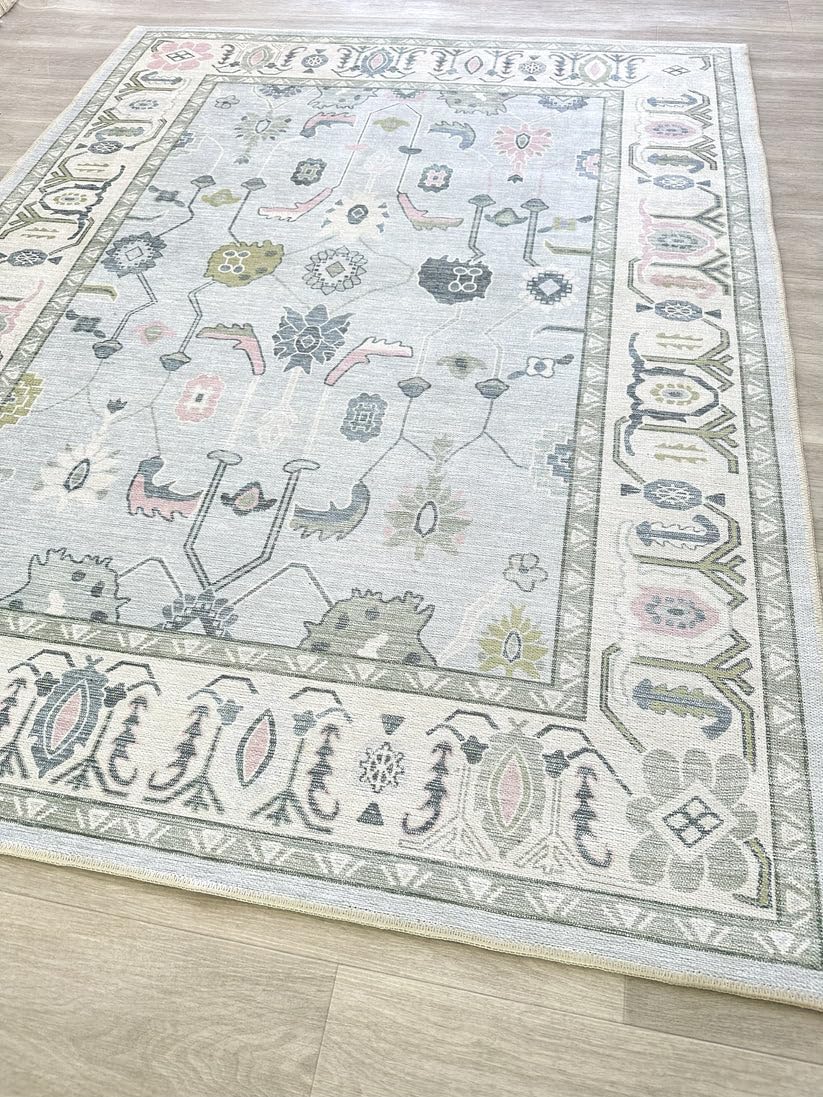 Cream Blue Oushak Rug, Modern, Vintage, Turkish, Eclectic, Floral, Pastel, Washable, Large Area Rugs for Living Room, Dining, Bedroom, Girls, Boys, 7'5