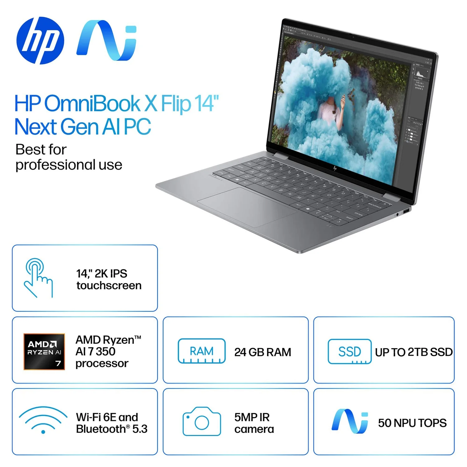 HP 2025 New Envy x360 2-in-1 Laptop, OmniBook X Flip 14" Touchscreen 2K IPS Display, AMD Ryzen AI 7 350, 24GB LPDDR5X RAM, 2TB Gen 4 SSD, Copilot AI, WiFi 6E, w/Microsoft Surface Pen, Win 11 Home