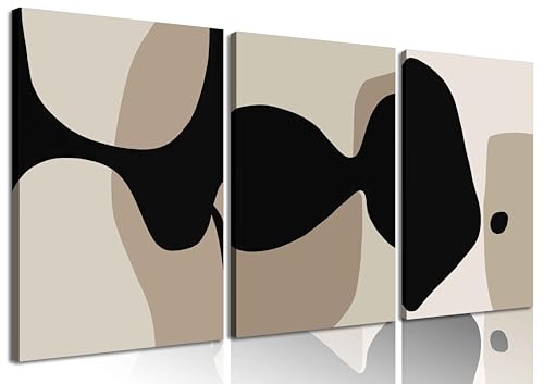 3Pcs Black and Beige Canvas Wall Art Minimal Neutral Abstract Posters Pictures Boho Black Lines Paintings Mid Century Modern Prints for Bedroom Living Room Farmhouse Gallery Wall Decor Framed