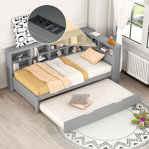 HomSof Bed with L-Shaped Bookcases,Daybed with 2 Drawers, Full-L, Grey