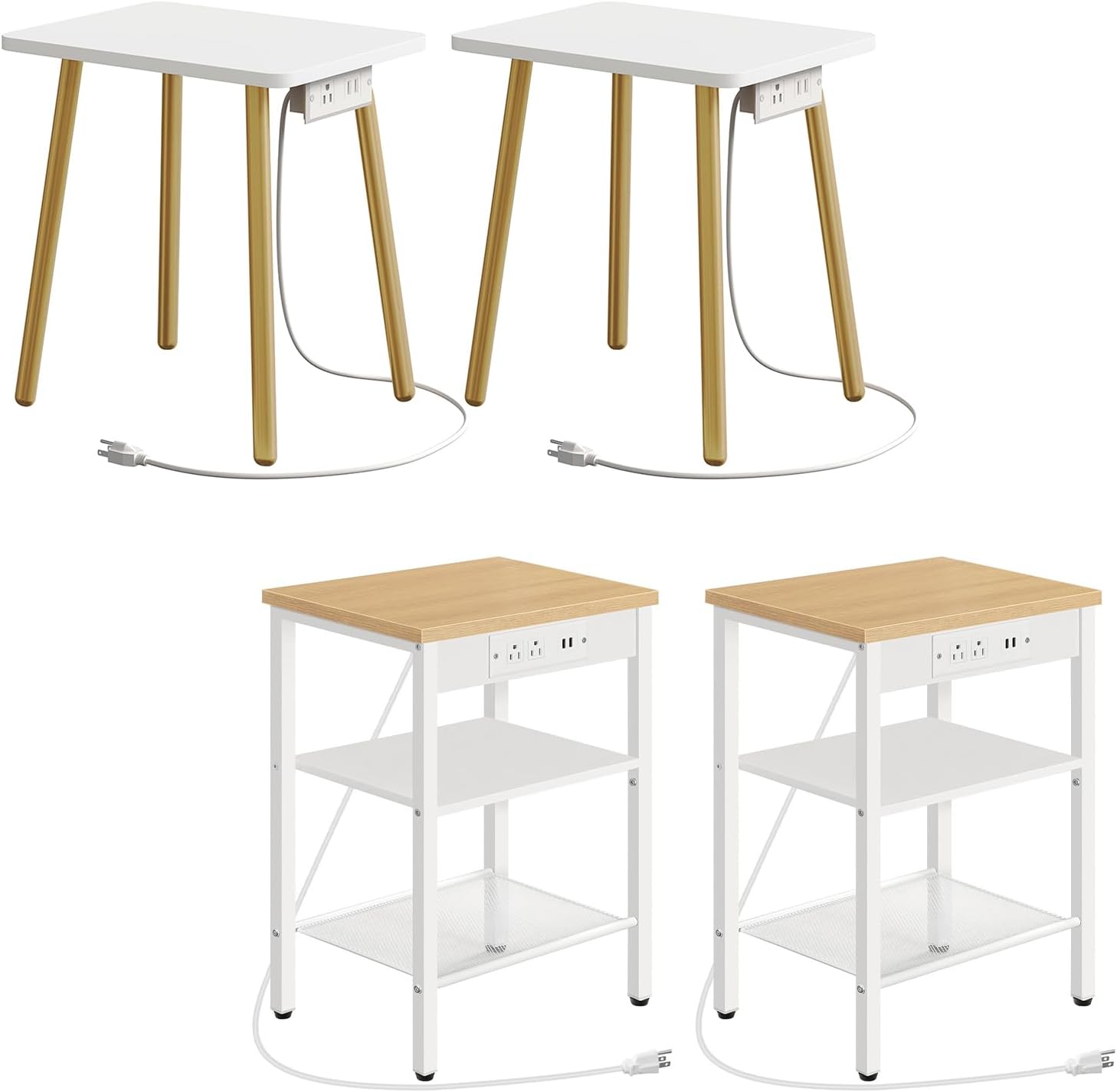 HOOBRO End Tables Set of 2 with Charging Station and Small White Side Tables Set of 2 Bundle, for Living Room, Bedroom, WN112BZP201-DW87UBZP201G1