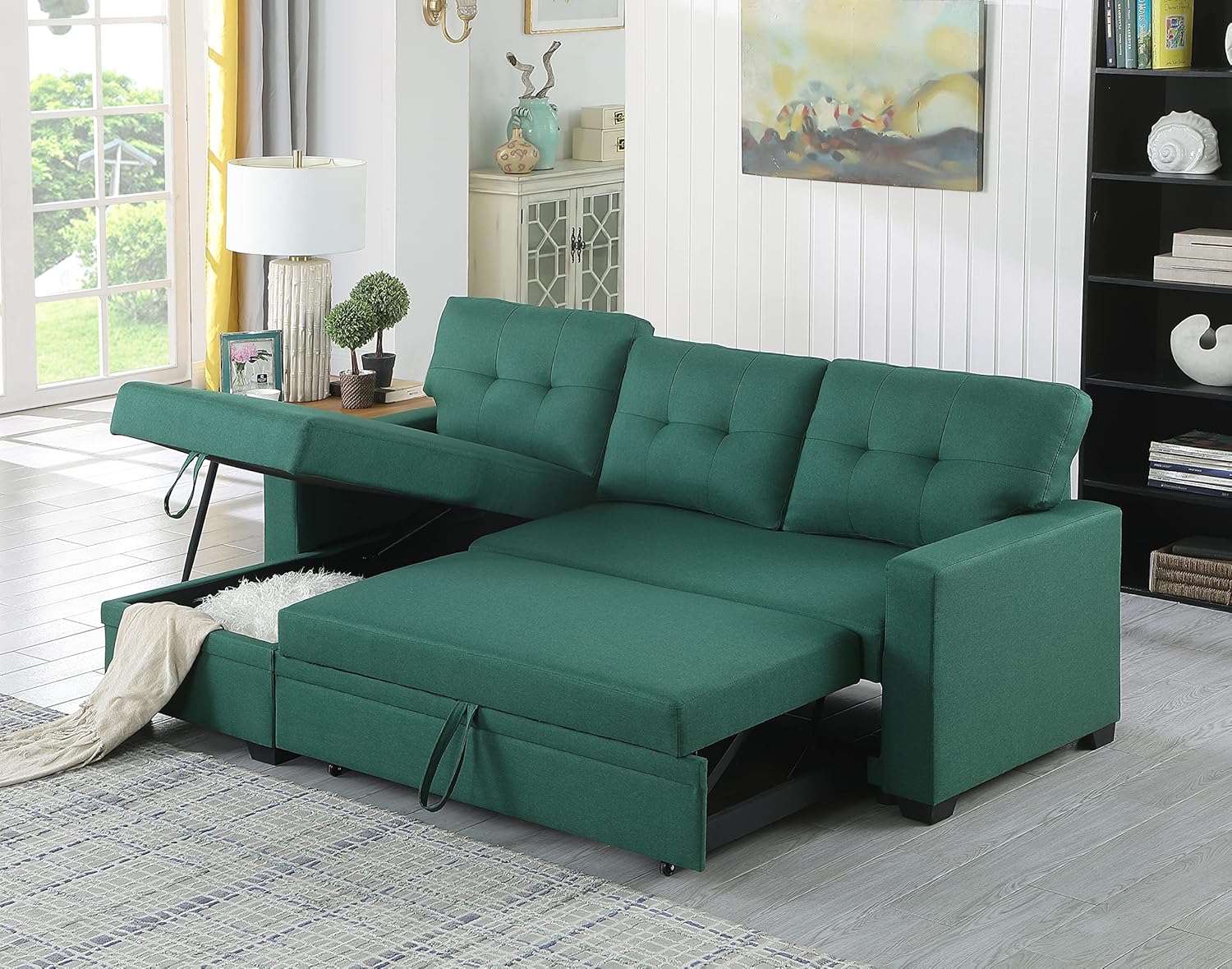 Sleeper Sofa, Pull Out Bed, 3 Seat L-Shaped Convertible Sectional Couch with Reversible Storage Chaise for Small Space Apartment, Green