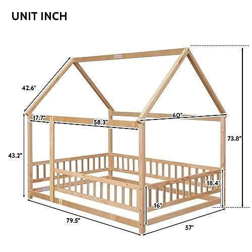 Full Size Montessori Floor Bed, Toddler Floor Wooden Bed with House Roof Frame, Fence Guardrails, Montessori Bed for Kids,Natural
