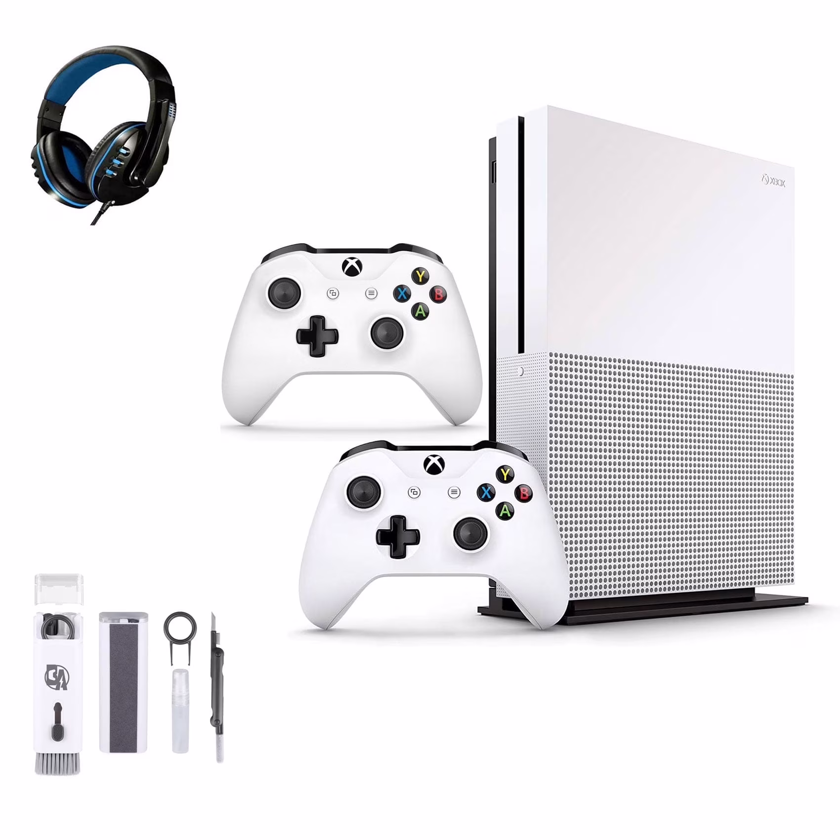 Pre-Owned Microsoft Xbox One S 500GB with 2 Controller, 4K Ultra HD White with BOLT AXTION Cleaning Kit Headset Bundle