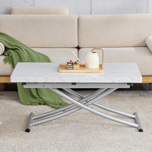 Multifunction Convertible Table with 0.8” Wooden Tabletop and Sturdy Cross Metal Legs, Lift Top Coffee Table Converts to Dining Table, Dressing Table or Office Table (White)