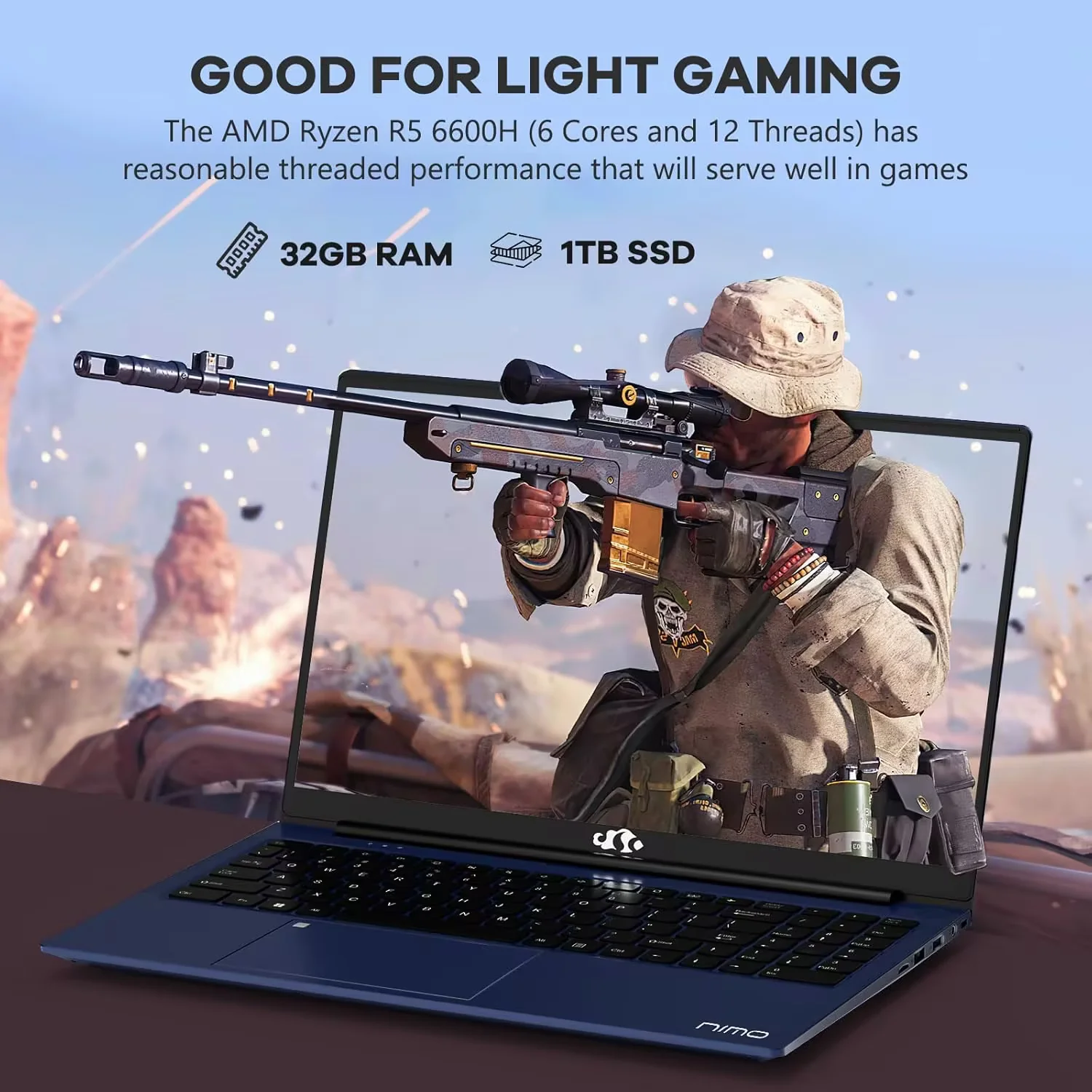 15.6" Business-gaming-Laptop 6-Cores AMD Ryzen 5 6600H 660M 6nm GPU 32GB DDR5 1TB SSD(up to 4.5GHz) Windows11 100W Type-C FHD IPS Laptop-Computer with Fingerprint Backlit Keyboard WiFi5