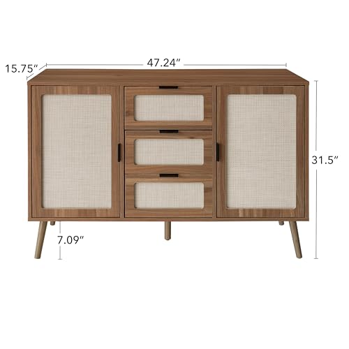 Rattan Sideboard Buffet Cabinet with Storage Black,Kitchen Buffet Storage Cabinet,Accent Cabinet with Doors&Drawers&Adjustable Shelves&Anti-Dumping Device,TV Credenzas for Living Room (Black)