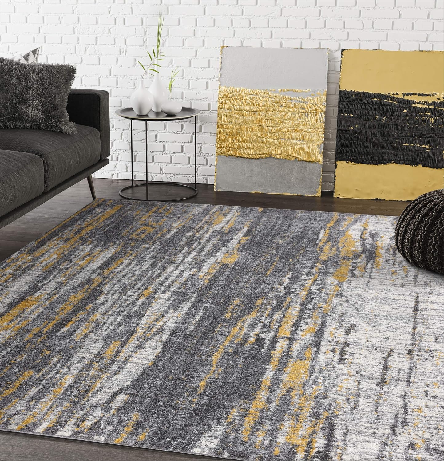 Abani Rugs Grey & Yellow Painted Pattern Area Rug Bold Rugged Contemporary Modern Style Accent, Laguna Collection | Turkish Made Superior Comfort & Construction | Stain Shed Resistant (5' x 7')