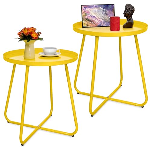 CODIN Set of 2 Outdoor Side Table Outdoor, Metal Side Table Small Round Side Table Weather Resistant End Table Patio Table for Garden Porch Balcony Yard Lawn (2, Black)