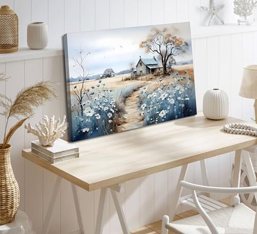 Framed Rustic Farmhouse Canvas Wall Art Beautiful Field Painting Wildflower Barn Print Nature Scenery Picture French Countryside Poster for Bathroom Bedroom Living Room Office Wall Decor 24x36in