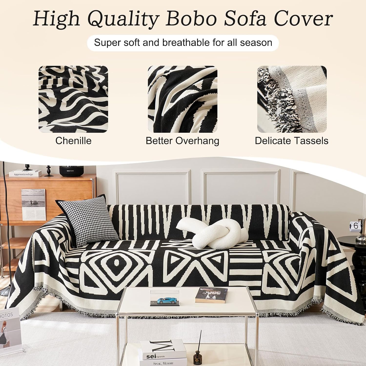 ROOMLIFE Boho Couch Cover for 3 Cushion Couch L Shape Sofa Covers for Sectional Sofa Reversible Silpcover for Dogs Washable Chenille Furniture Protector for Living Room,91