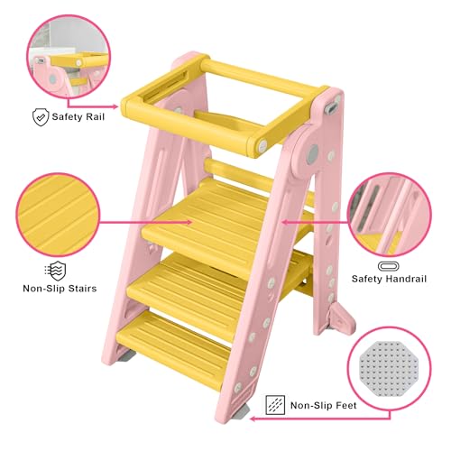 UNCLE WU Toddler Kitchen Tower for Learning and Cooking, Safety Rail, 3-Step, Foldable & Adjustable - Toddler Step Stool for Bathroom Sink & Montessori Standing Helper -Ages 18 Months to 4 Years