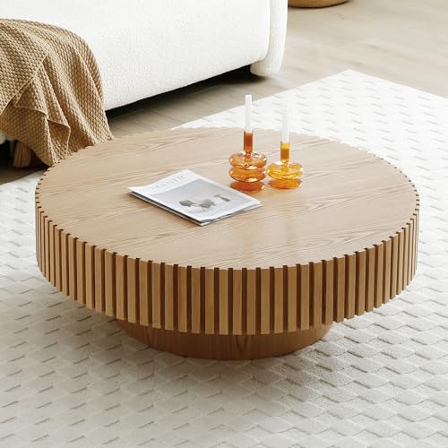 LUMISOL Modern Round Coffee Table, 31.49” Handcraft Drum Coffee Table for Living Room, Natural Ash