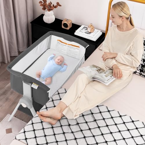 INFANS Baby Bassinet Bedside Crib, Newborn Sleeper w/Large Storage Basket, Adjustable Heights & Angle, Detachable &Washable Mattress, Breathable Mesh, Straps, Easy Moving Bed Side (Pink)