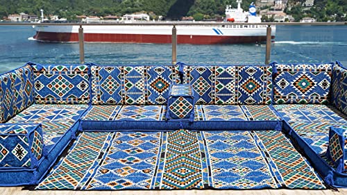 Royal Blue Arabic Sofa Floor Seating Set, Arabic Majlis Set, Floor Cushions, Pallet Sofa Cushions for Garden, Oriental Floor Seating Set, Floor Pillows (U Sofa Full Set)