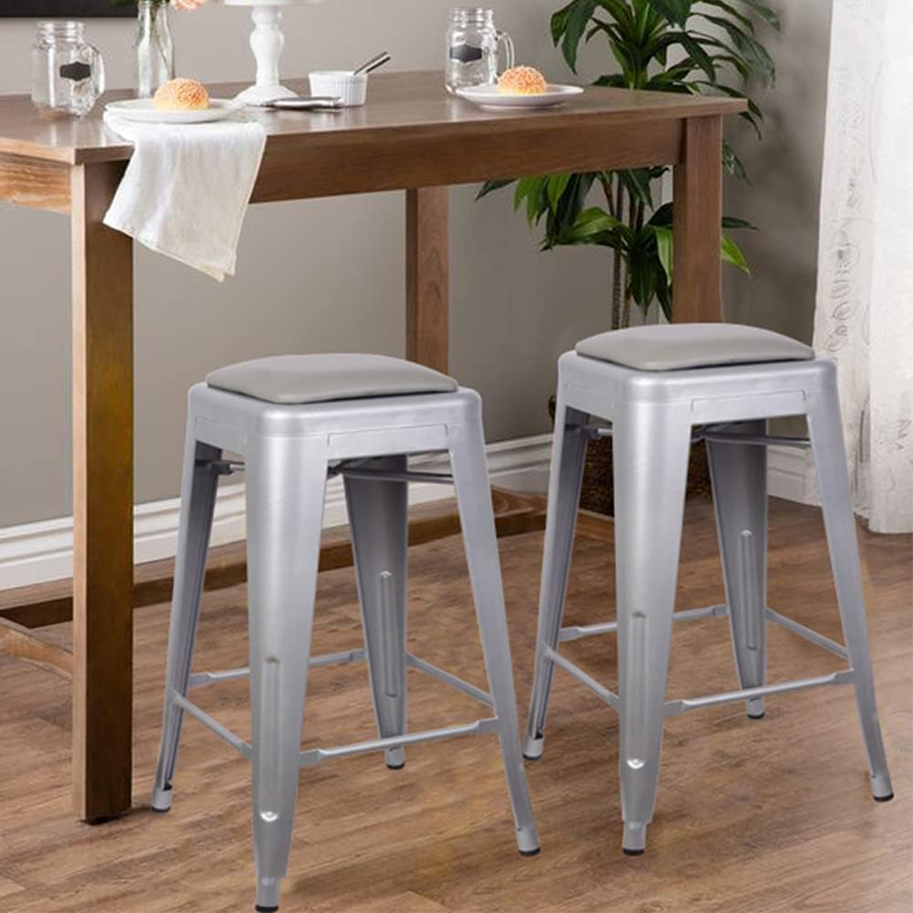 GIA 24-Inch Counter Height Backless Metal Stool with Gray Vegan Seat, Gray, Set of 2